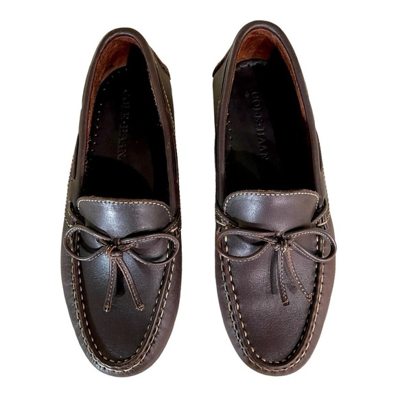 Cole Haan Brown Leather Driver Loafers | Bow Detail Moc Toe Slip-On | Size 6.5 - Picture 7 of 10